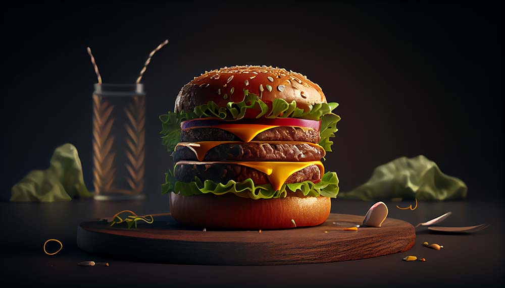 hamburger with glass water site